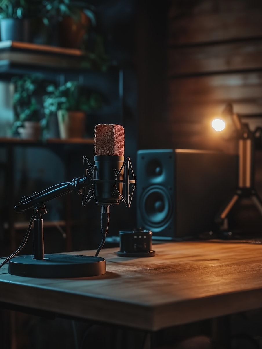 Home voice-over studio with professional microphone and monitor